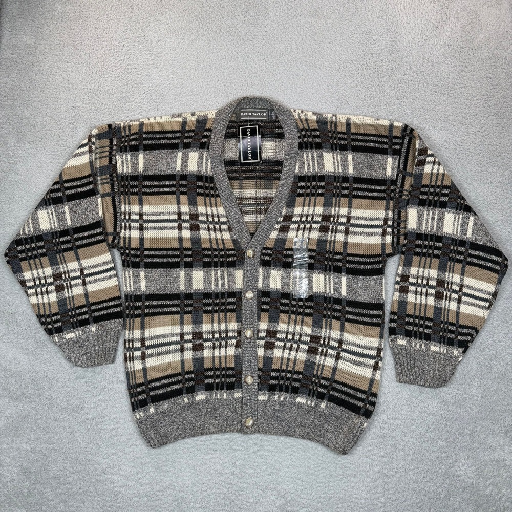 Vintage David Taylor Mens Plaid Jacquard Cardigan Sweater Grey Black Large NWT